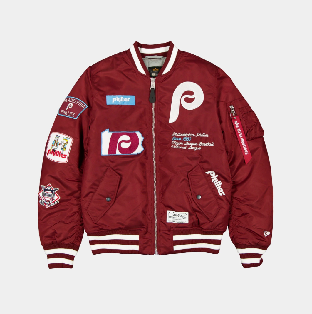 Philadelphia Phillies Burgundy Satin Bomber Jacket New Era X Alpha