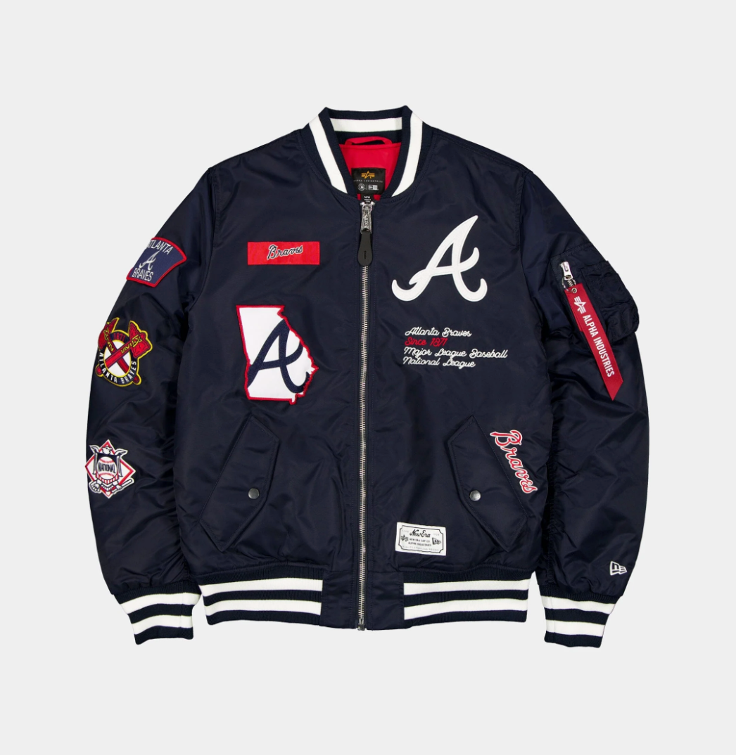 Atlanta Braves Navy Satin Bomber Jacket New Era X Alpha Industries