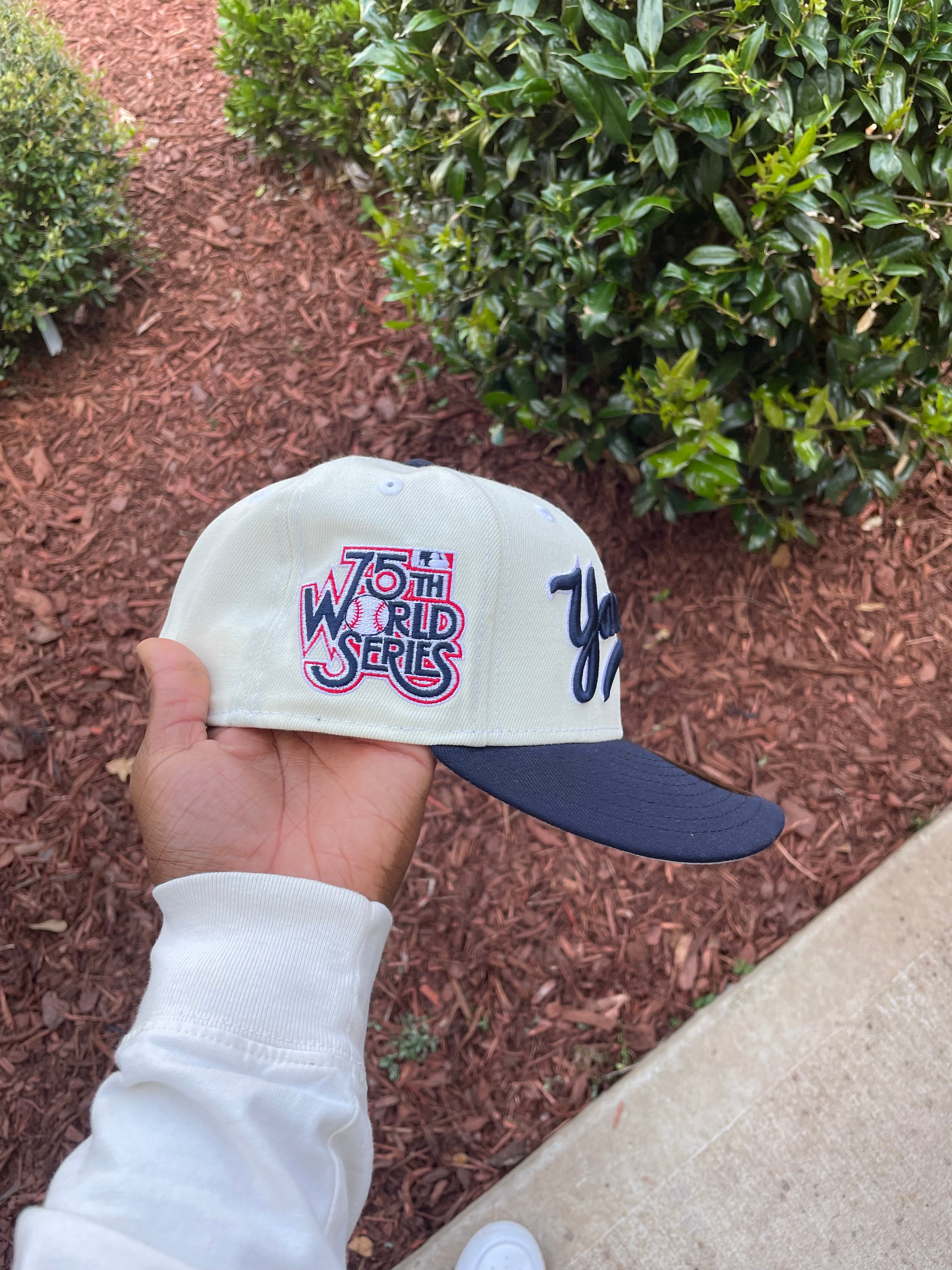 New York Yankees Chrome Creme White & Navy Script 1975 WS