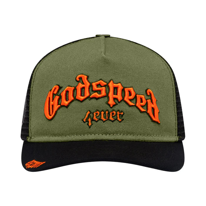 GODSPEED Forever Green and Black Trucker Orange logo Snap Back