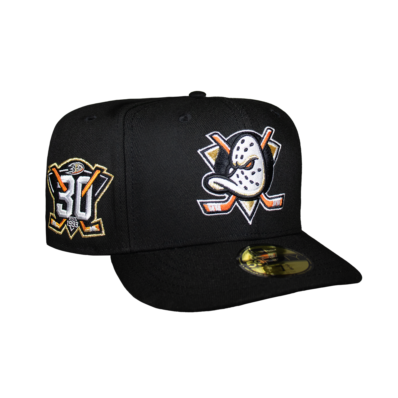 A black fitted cap with the Anaheim Ducks hockey team logo in white and orange on the front, and the number 30 on the side.