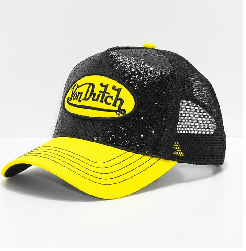 Von Dutch Bedazzled Black Yellow Trucker Hat – CAP USA NYC