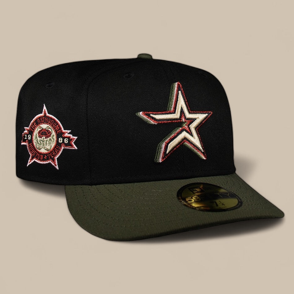 A black and olive colored cap with a 3D star and Houston Astros logo on the front.