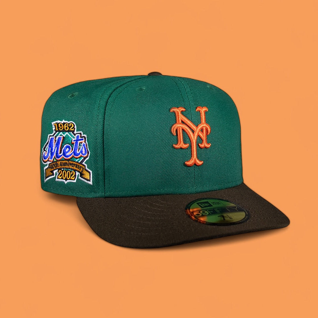 A New York Mets green and brown baseball cap with the team's logo and a 40th anniversary patch on the side.