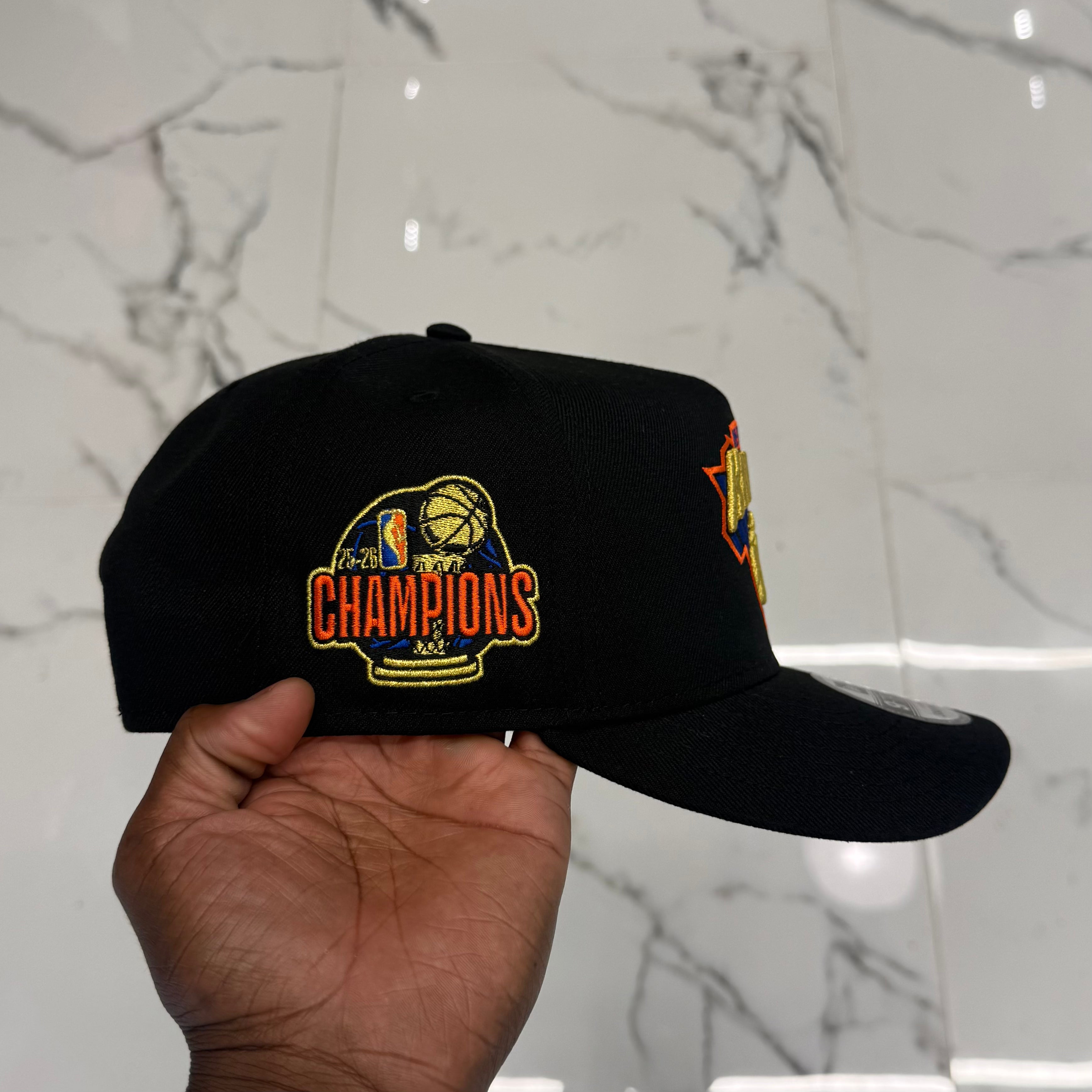 New York Knicks 950 Aframe Black and Gold 2026 Champs Snap Back