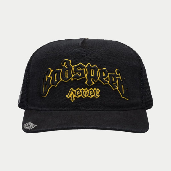 GODSPEED Forever All Black/Yellow Outline Trucker Hat