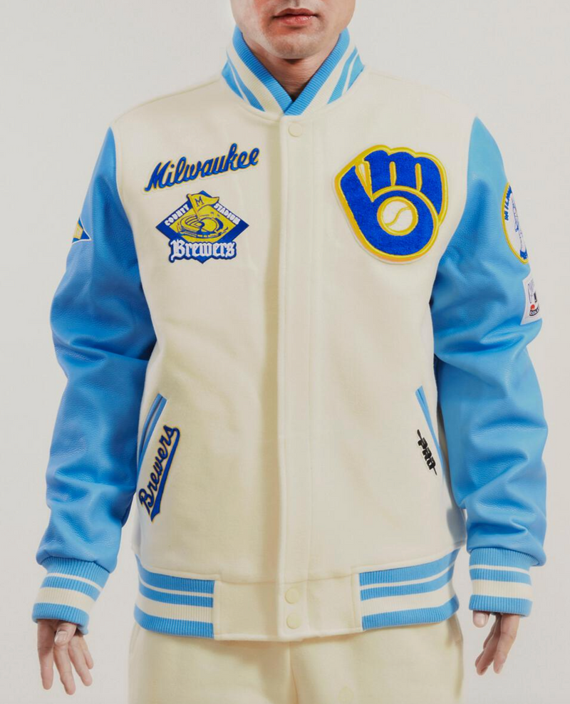 Milwaukee Brewers Creme and Sky Varsity Jacket