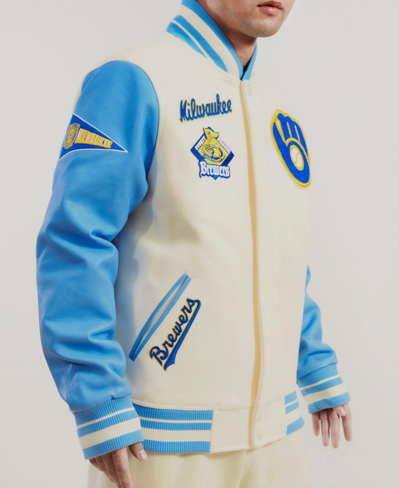 Milwaukee Brewers Creme and Sky Varsity Jacket