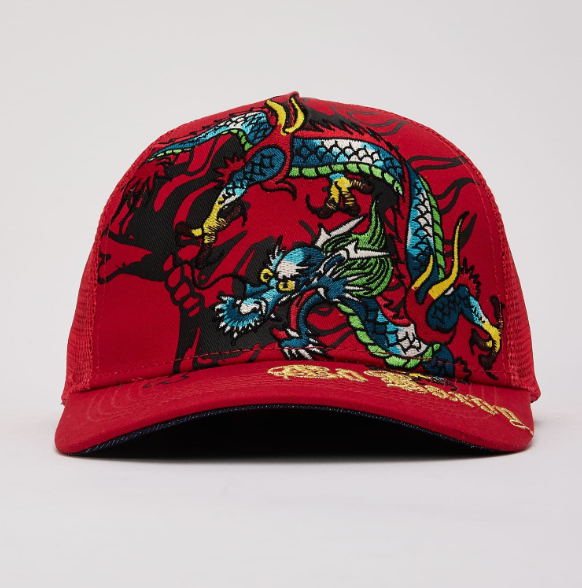 Ed Hardy Red EMBROIDERED DRAGON TRUCKER HAT